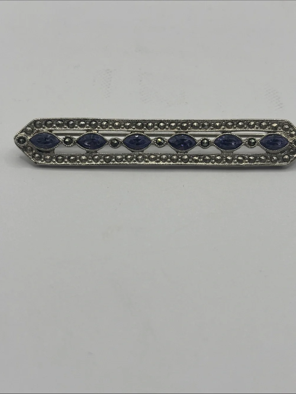 1928 Silver-Tone Bar Brooch with Purple Marquise Stones